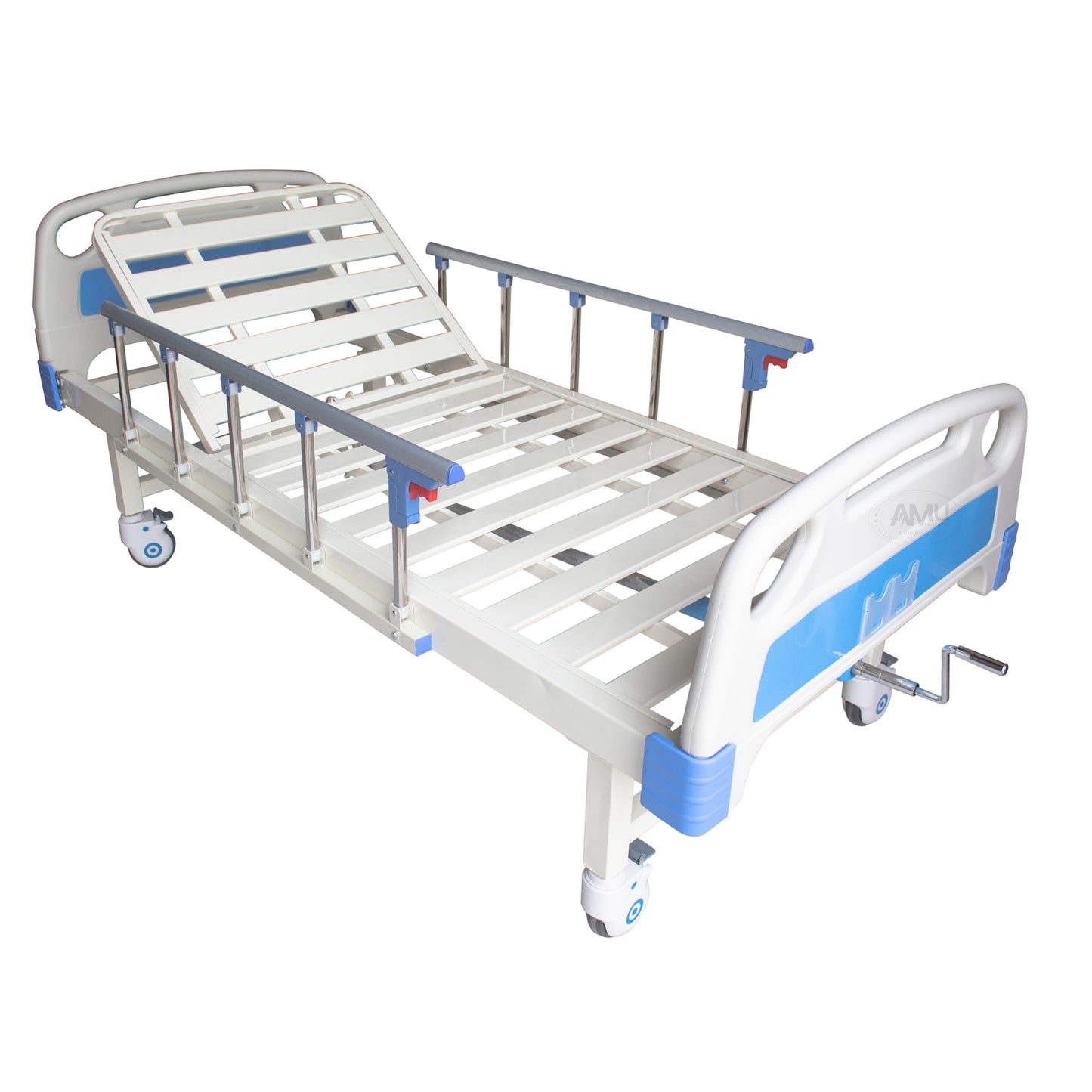 Manual 1-Function Hospital Bed with matress and side rails, white and blue.