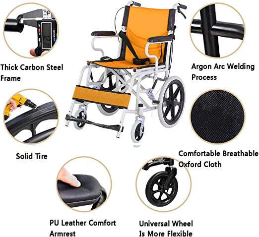 Pediatric Wheelchair orange  and black with handel brakes.