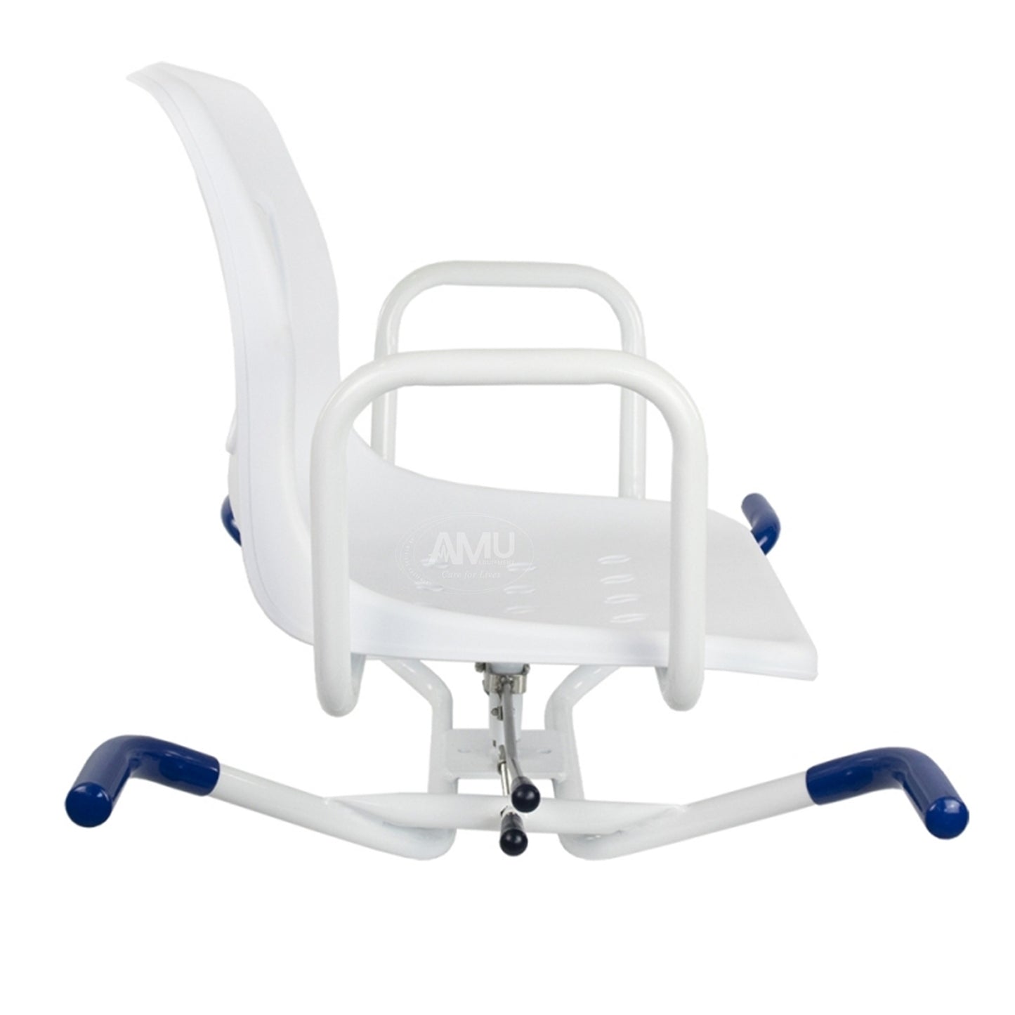 Rotating Bath Chair white and blue,with handrail.