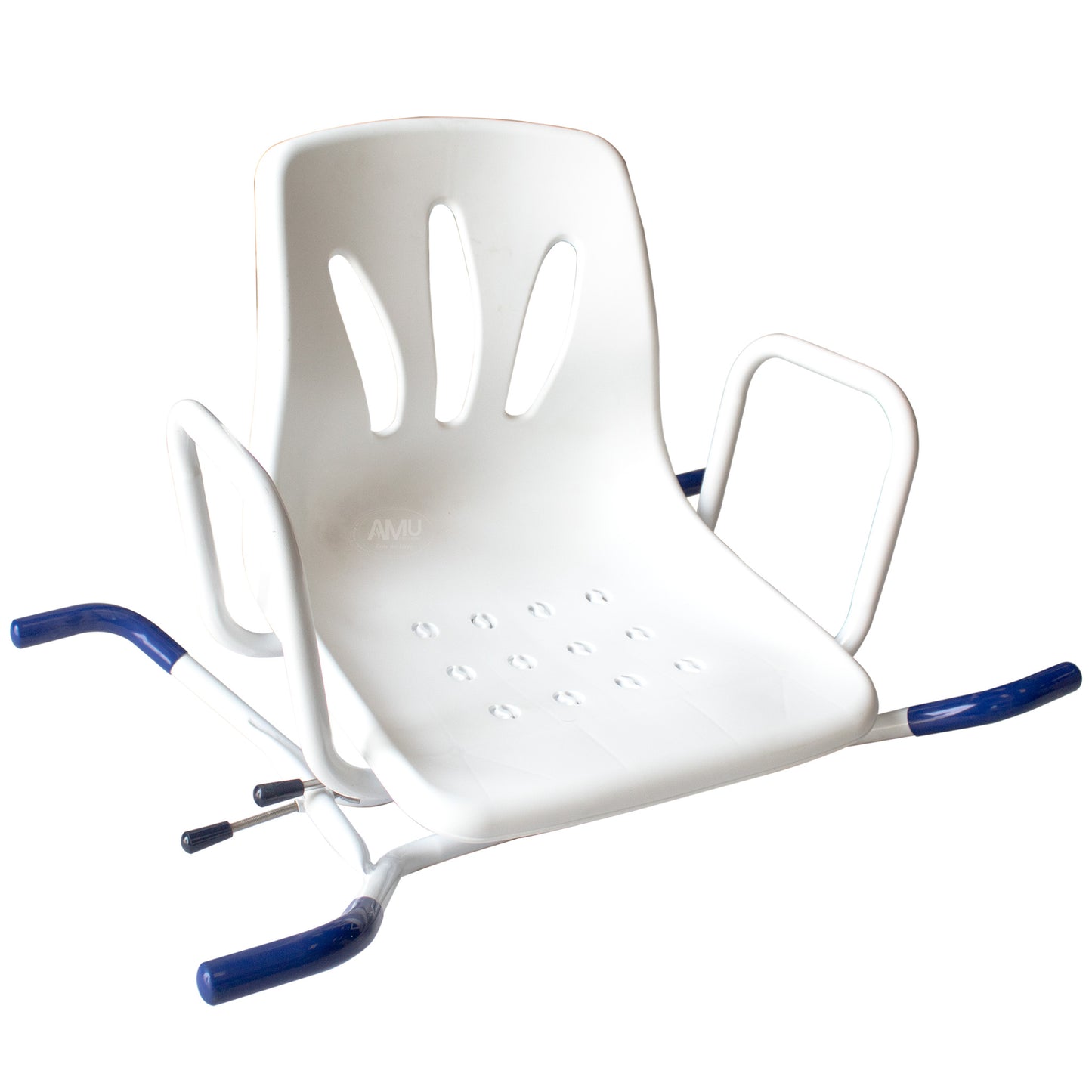 Rotating Bath Chair white and blue,with handrail.