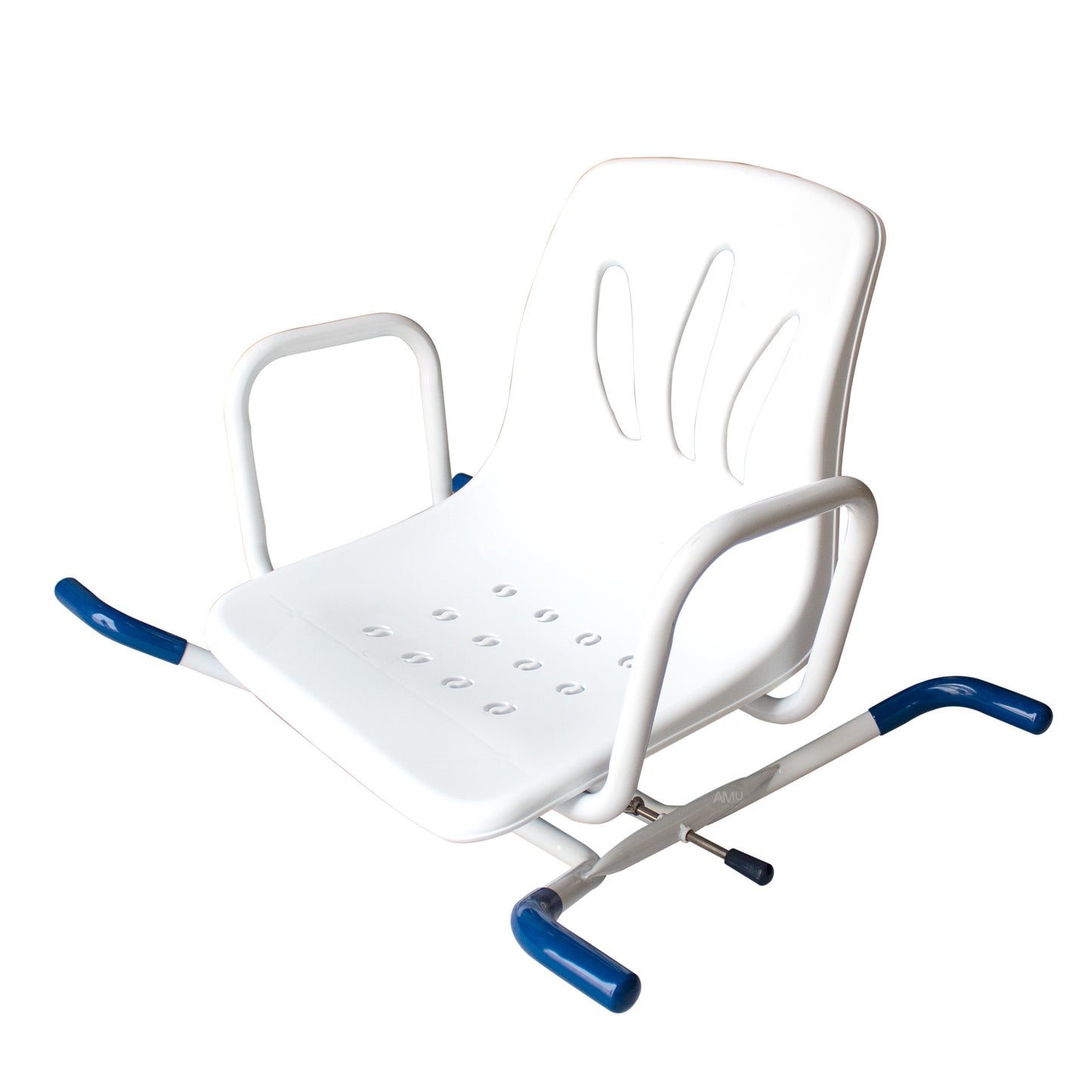 Rotating Bath Chair white and blue,with handrail.