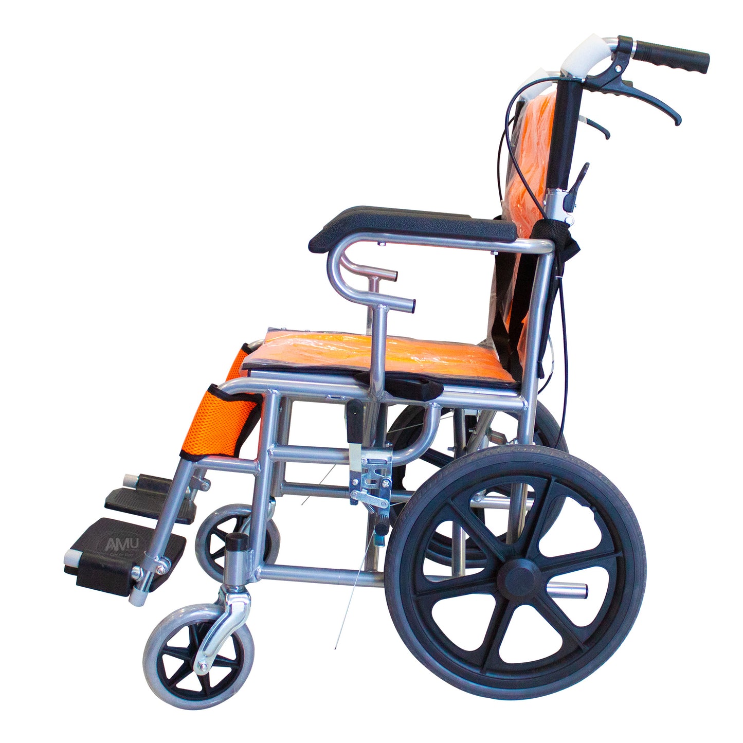 Pediatric Wheelchair orange  and black with handel brakes.