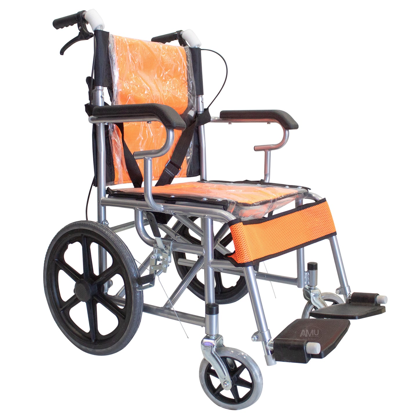 Pediatric Wheelchair orange  and black with handel brakes.