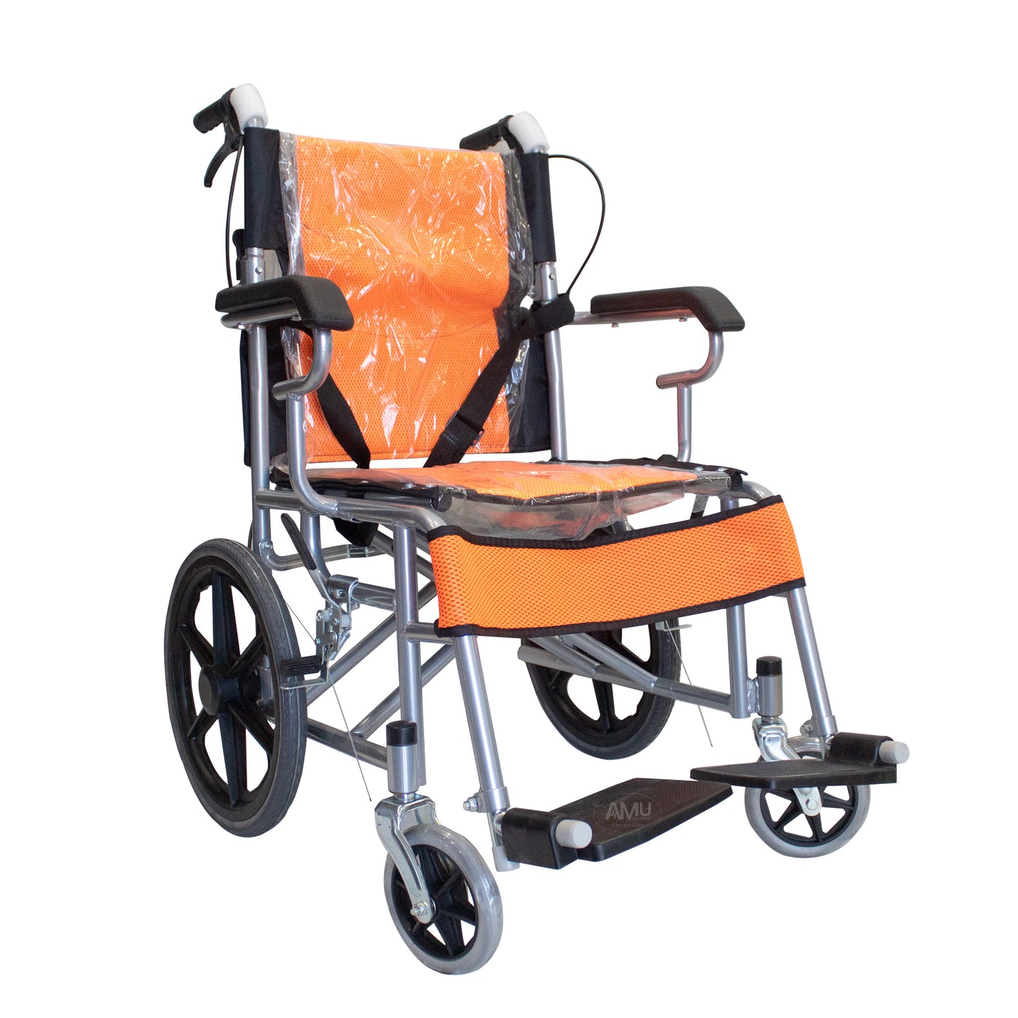 Pediatric Wheelchair orange  and black with handel brakes.