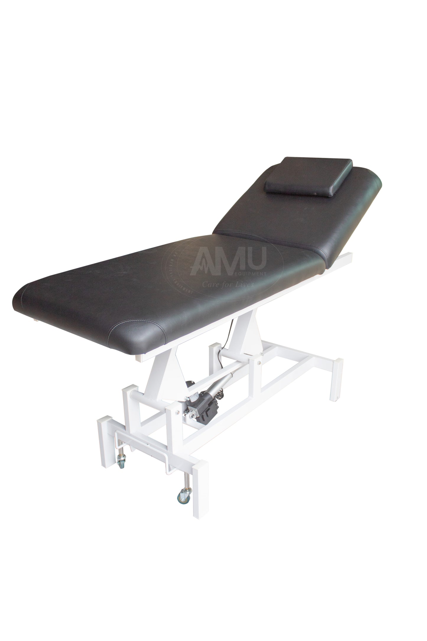 Electrical Medical Examination Couch with headrest in black and white.