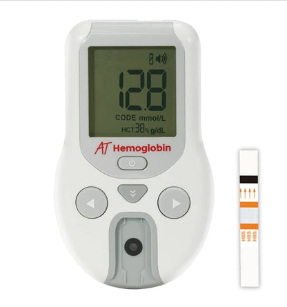 Hemoglobin Test Meter Kit with black case zip closer and test strips