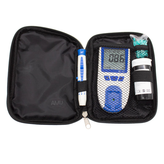 Hemoglobin Test Meter Kit with black case zip closer.