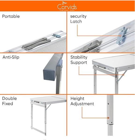 Corvids 4 Feet Multipurpose Aluminium Folding Camping Table with 4 Oxford Mat Chairs & Carrying Handle, Height Adjustable Table for Picnic, Hiking, Garden, Outdoor & Indoor Use