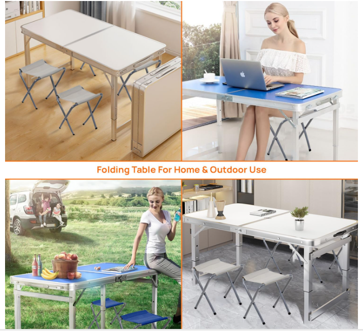 Corvids 4 Feet Multipurpose Aluminium Folding Camping Table with 4 Oxford Mat Chairs & Carrying Handle, Height Adjustable Table for Picnic, Hiking, Garden, Outdoor & Indoor Use