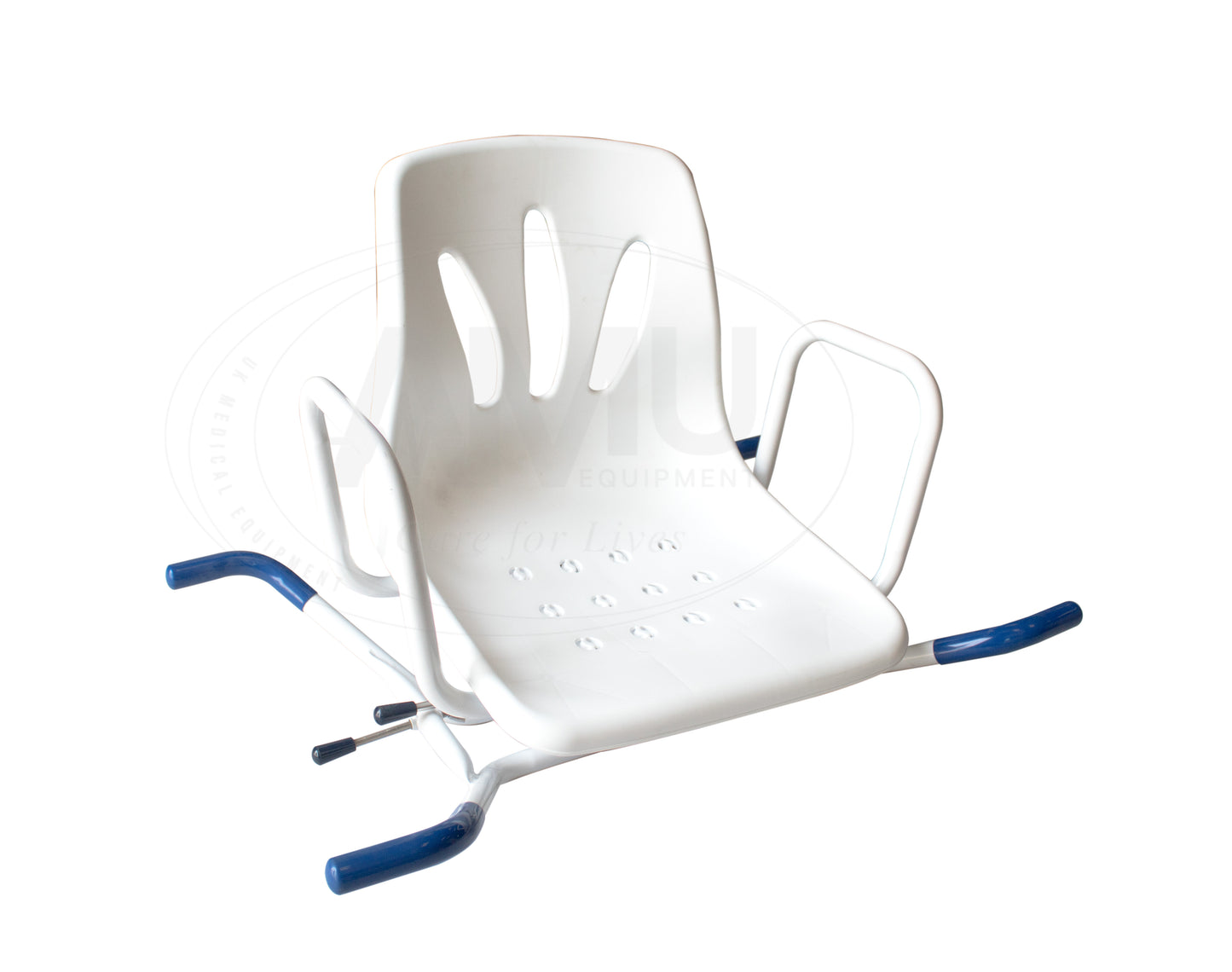 Rotating Bath Chair white and blue,with handrail.