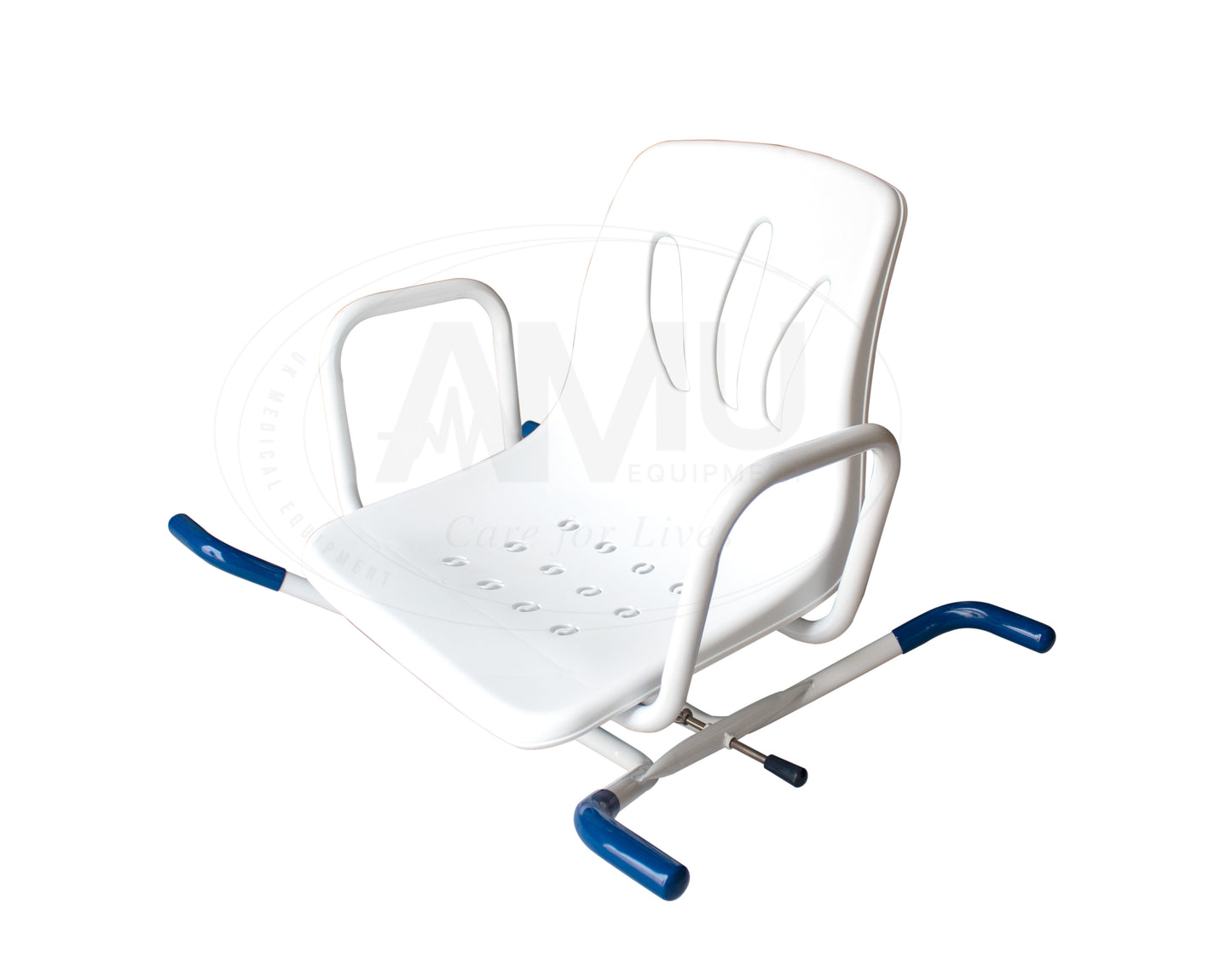 Rotating Bath Chair white and blue,with handrail.