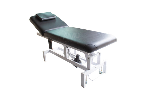 Electrical Medical Examination Couch with headrest in black and white.