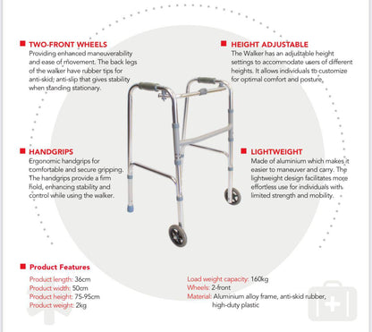 Walking Frame, Zimmer frame with Wheels, Adjustable Height, Aluminium